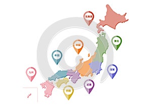 Vector illustration of a map of Japan. Color-coded map and icons by region. photo
